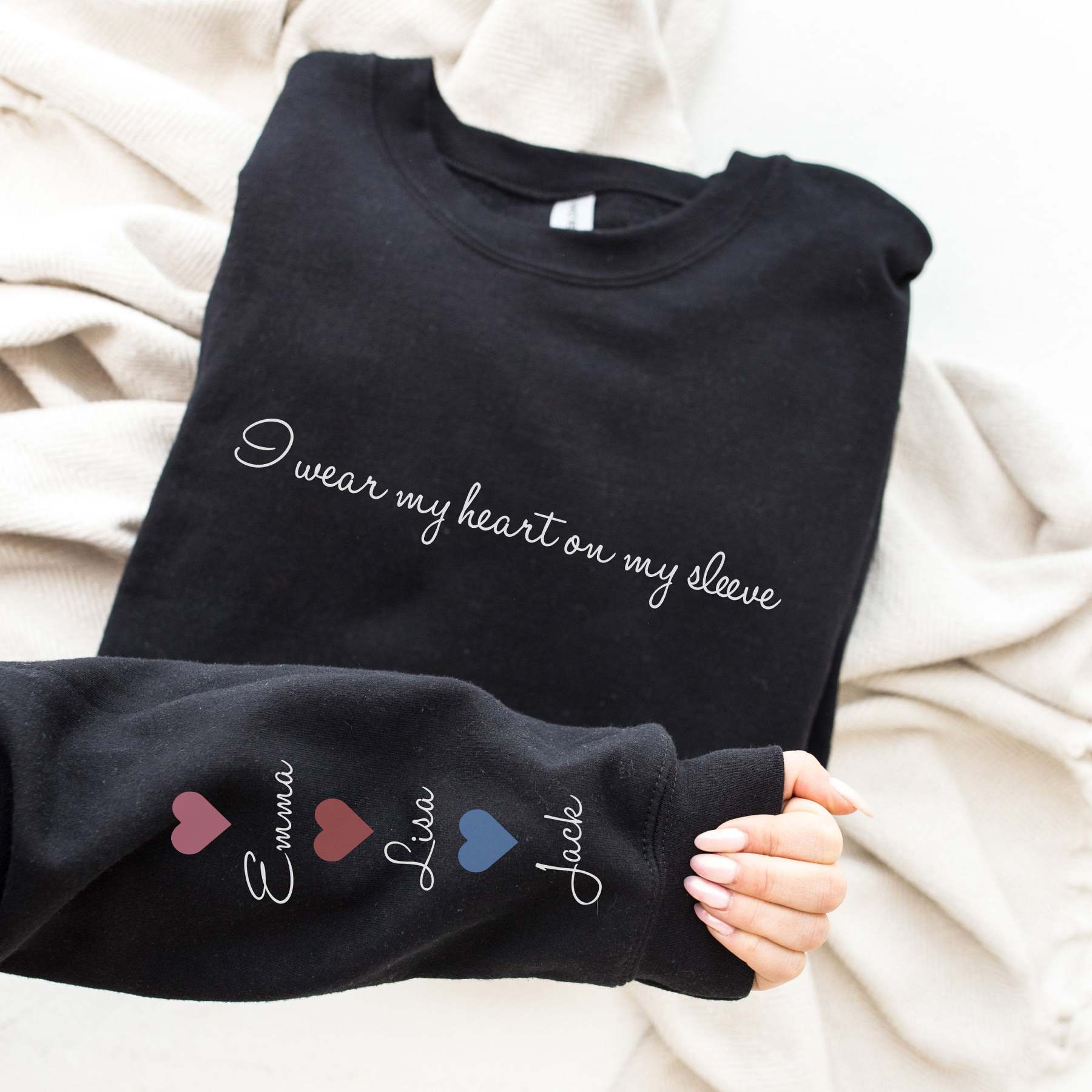 Personalized Mom Sweatshirt With Kid Names,Mom Sweatshirt,I Wear My Heart On My Sleeve,Mama Sweatshirt,Mothers Day Gift,Kids Names On Sleeve-ilovevango