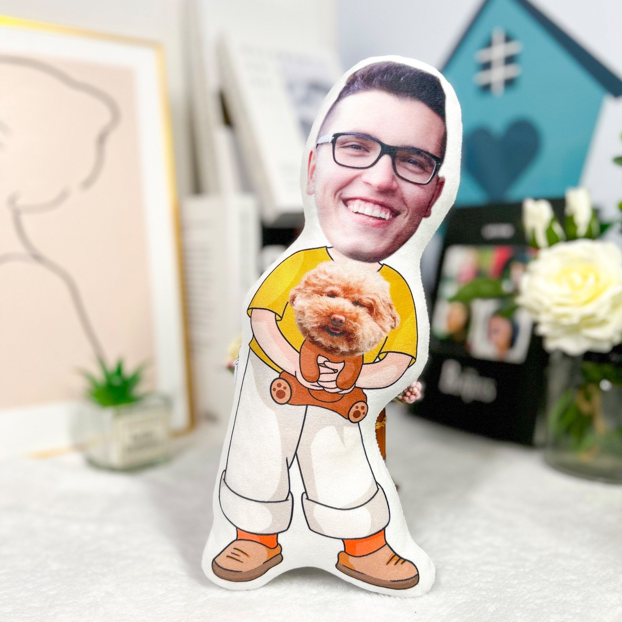 Custom owner and pet photo gift, Human and dog face pillow, Cat photo pillow, Dog image pillow,Cartoon face doll cushion,Gift for pet owner-ilovevango
