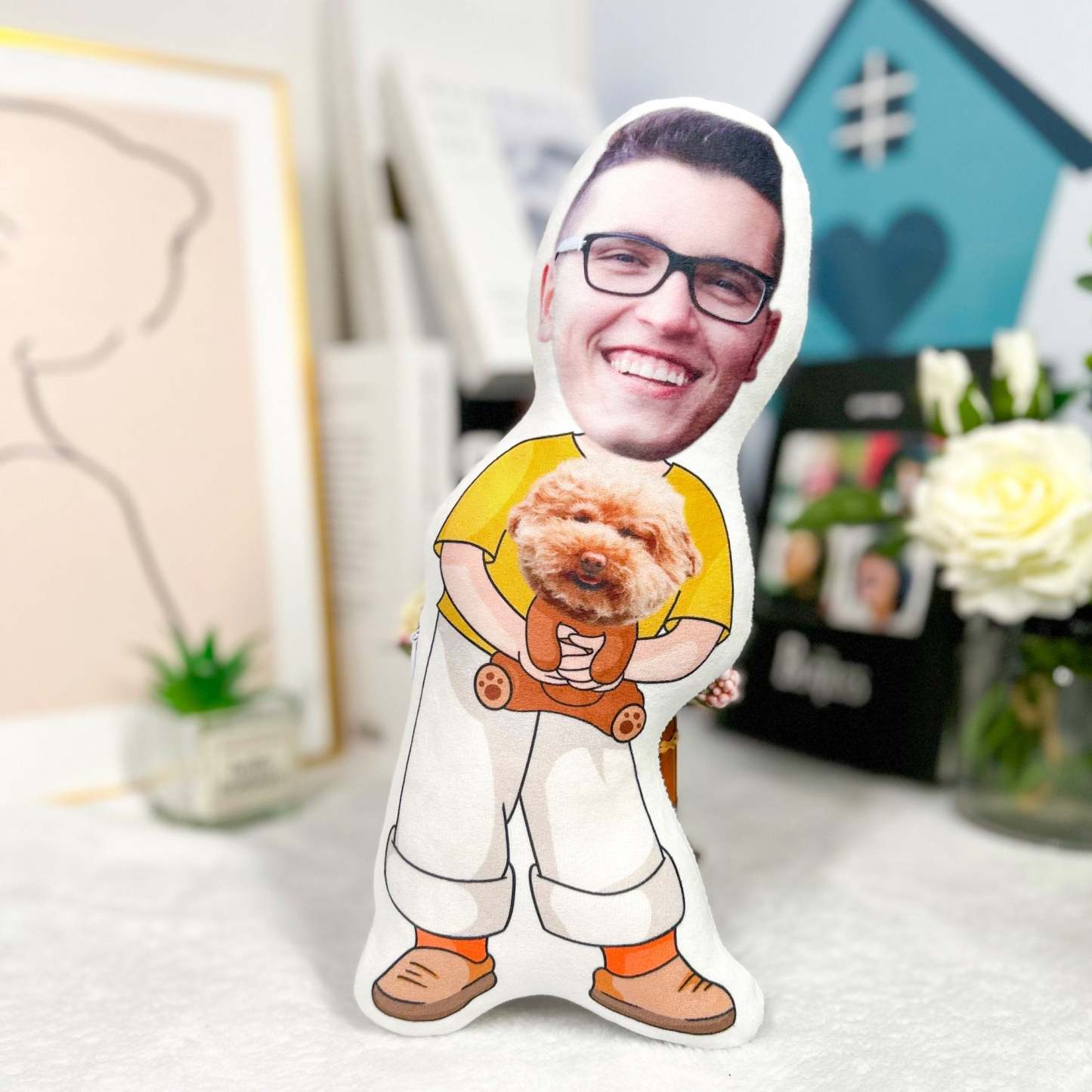 Custom owner and pet photo gift, Human and dog face pillow, Cat photo pillow, Dog image pillow,Cartoon face doll cushion,Gift for pet owner-ilovevango