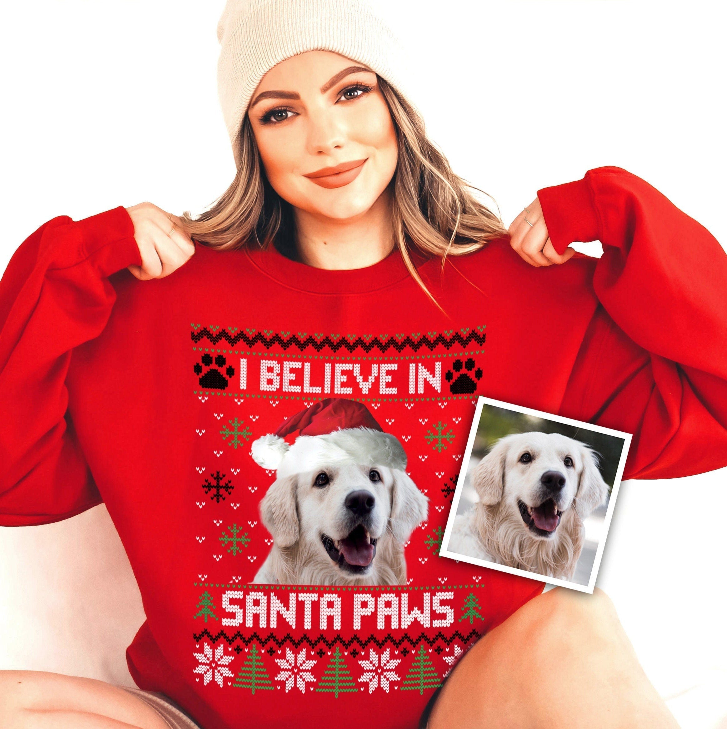 I Believe in Santa Paws Cute Fun Personalised Ugly Christmas Jumper Sweater Sweatshirt. Add Dog Cat Rabbit Pet Face Photo-ilovevango