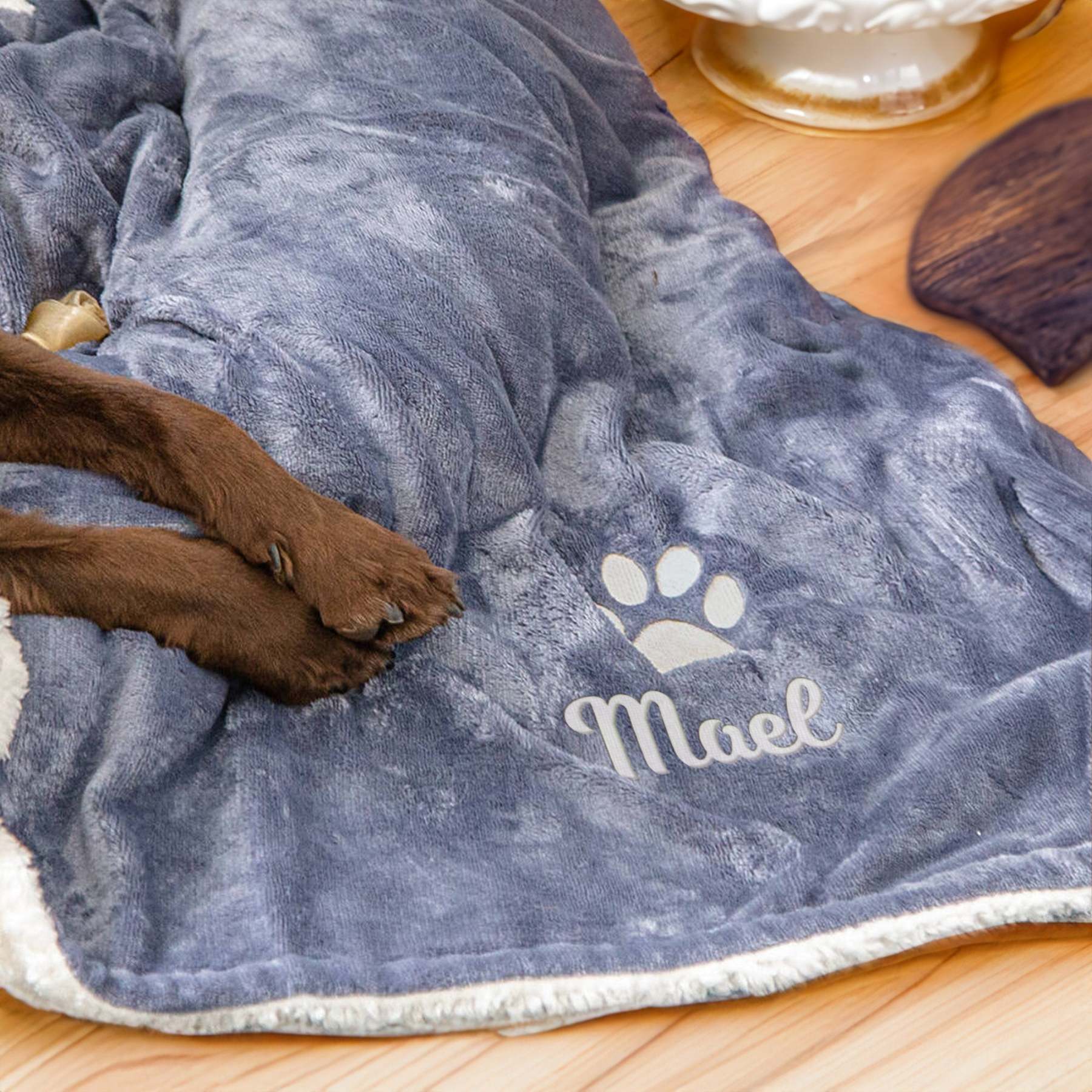 Personalized Pet Name Blanket for Dog, Custom Name Dog Blanket, Thick Fleece Pet Blanket, Paw Print Blanket, Embroiderd Dog Name Blanket-ilovevango