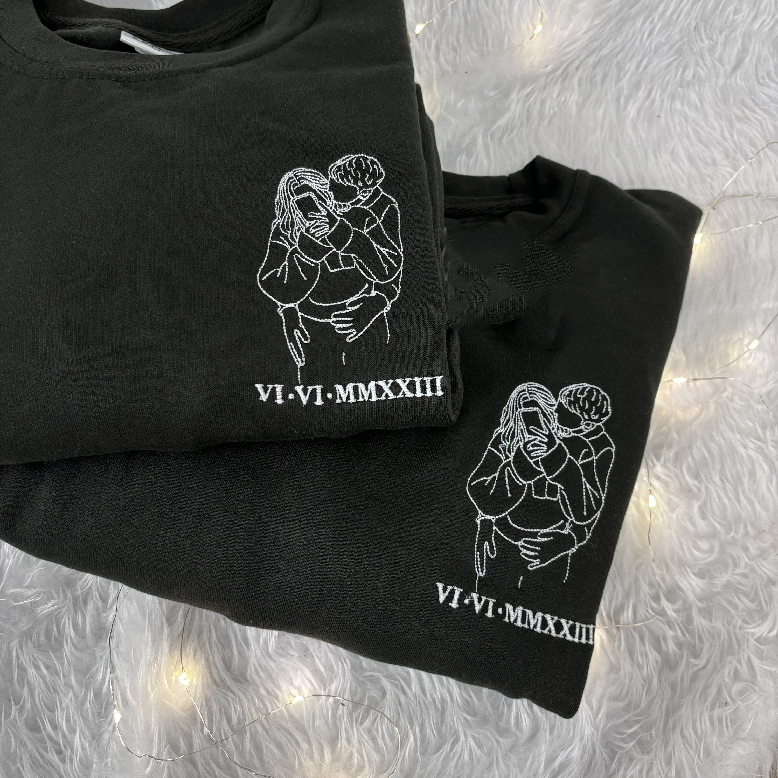 Custom embroidered portrait outline sweatshirt or hoodie, photo outline, boyfriend girlfriend his hers matching Christmas anniversary hoodie-ilovevango