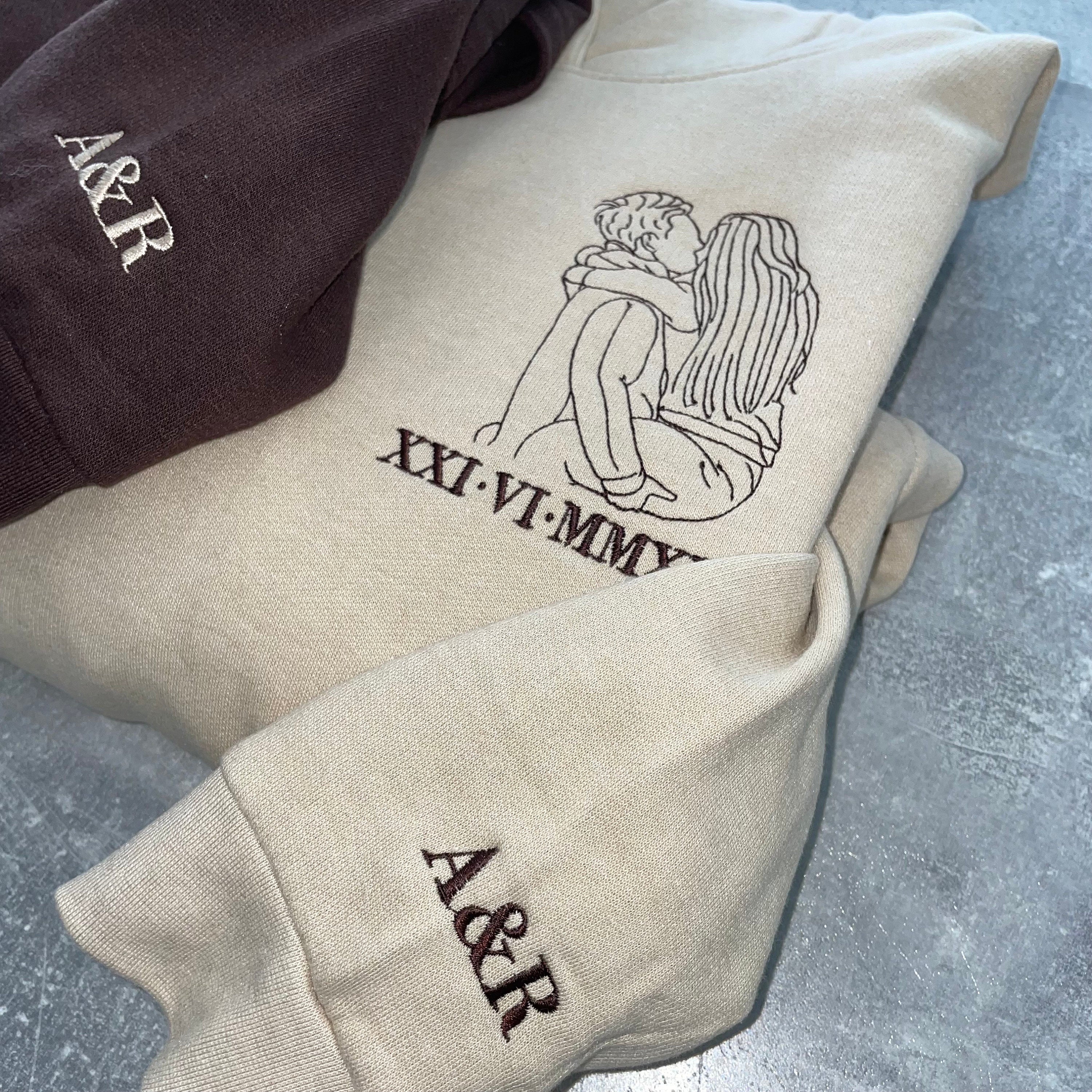 Custom embroidered portrait outline sweatshirt or hoodie, photo outline, boyfriend girlfriend his hers matching Christmas anniversary hoodie-ilovevango