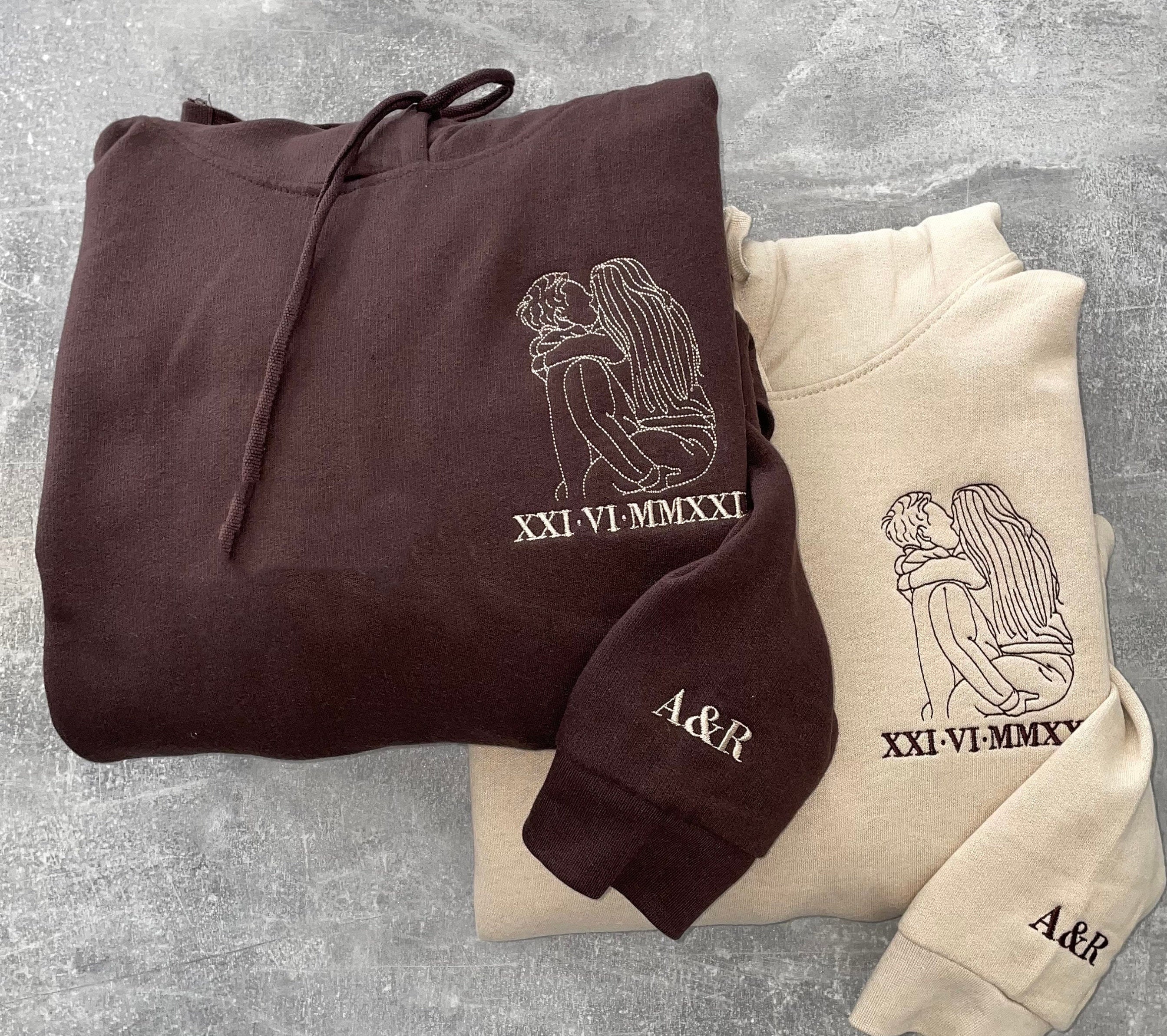 Custom embroidered portrait outline sweatshirt or hoodie, photo outline, boyfriend girlfriend his hers matching Christmas anniversary hoodie-ilovevango