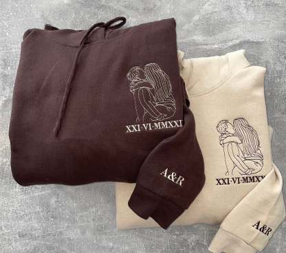 Custom embroidered portrait outline sweatshirt or hoodie, photo outline, boyfriend girlfriend his hers matching Christmas anniversary hoodie-ilovevango