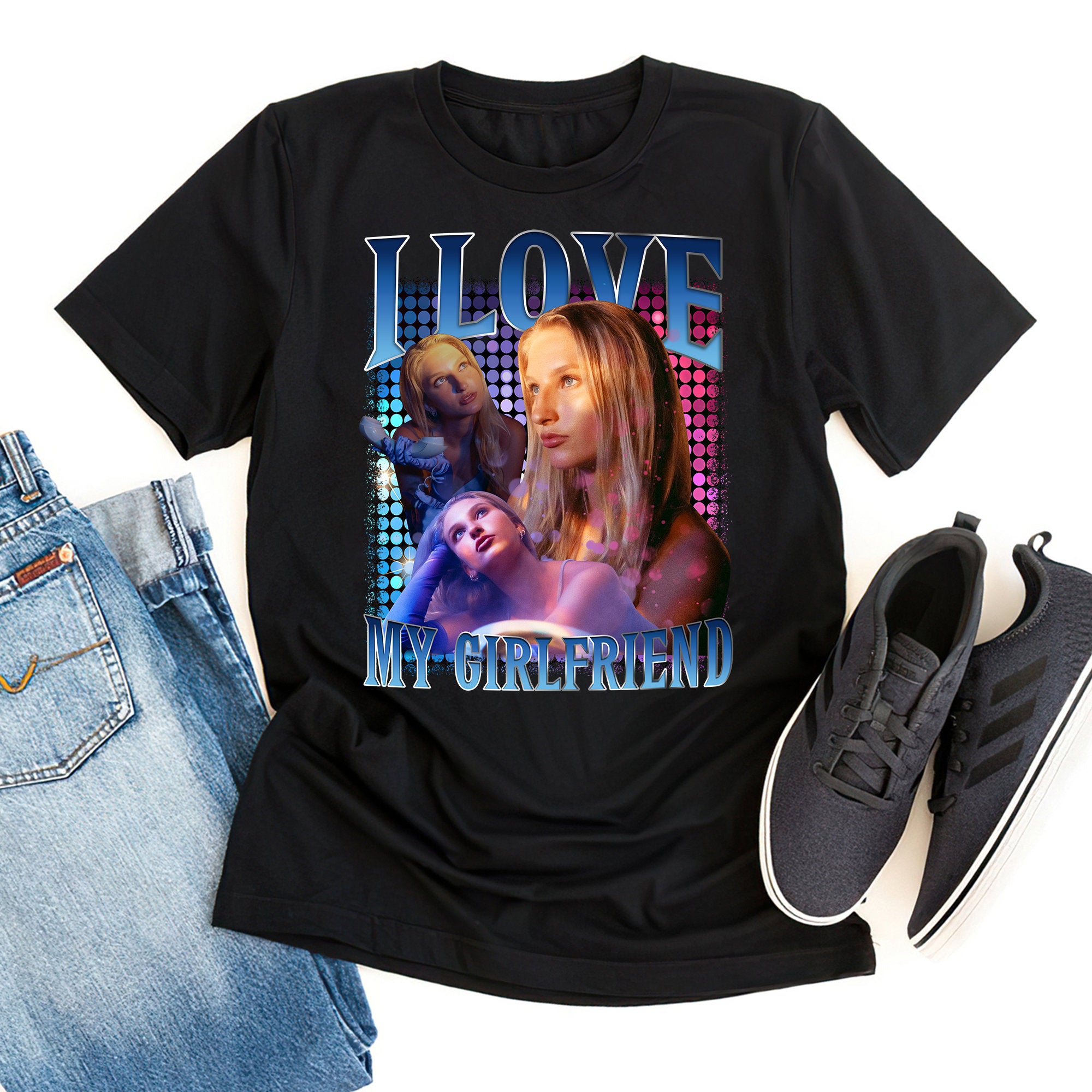 I Love My Girlfriend Custom Photo T-Shirt, Custom Bootleg T-Shirt, Valentines Shirt, Boyfriends Shirt, 90s Graphic Tee, Couples Shirt-ilovevango