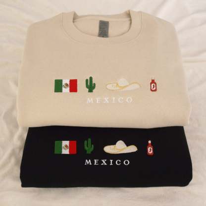 Mexico Embroidered Sweatshirt Crewneck, Flag, Sombrero Mariachi, Hot Chili Pepper, Cactus, Cinco de Mayo, Dia De Los Muertos-ilovevango