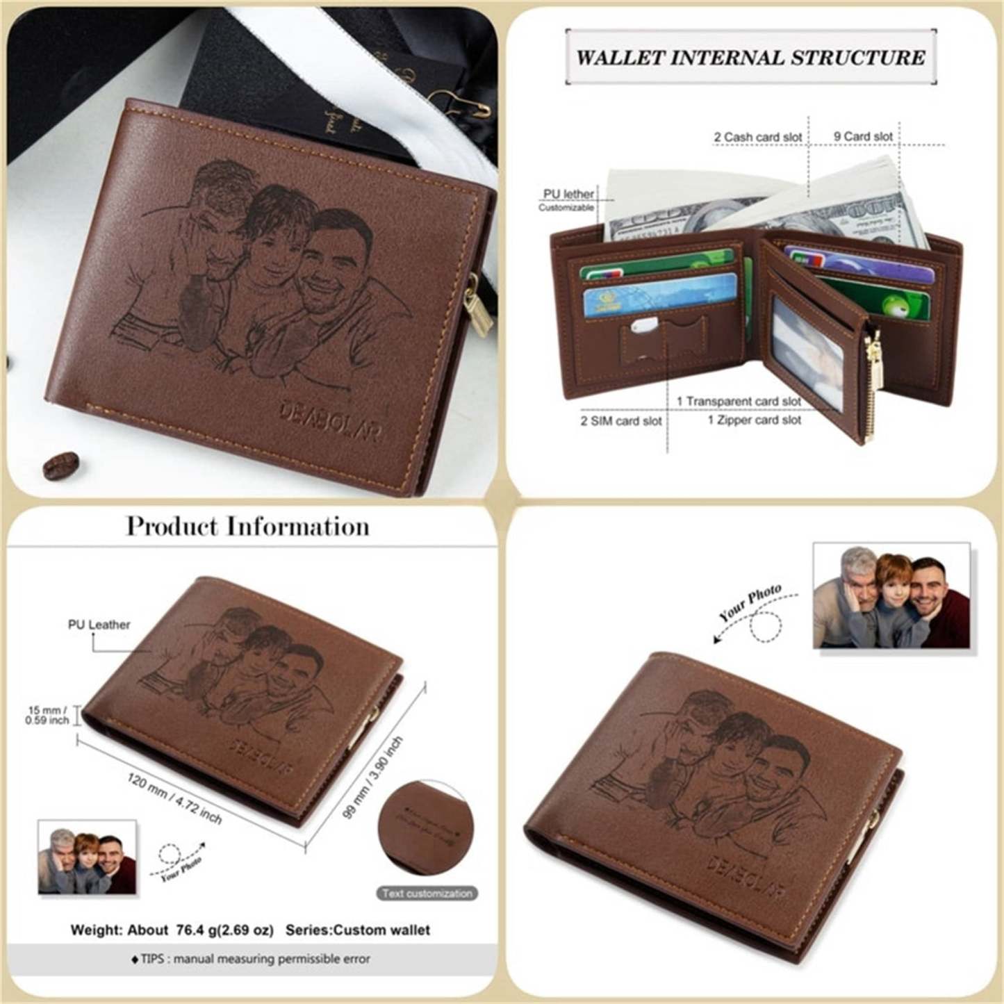 Personalized Custom Photo Mens Wallet,Engraved Picture Wallet,PU Leather Wallet,Memory Gift,Anniversary Gifts for Him, Father's Day Gift for Dad-ilovevango