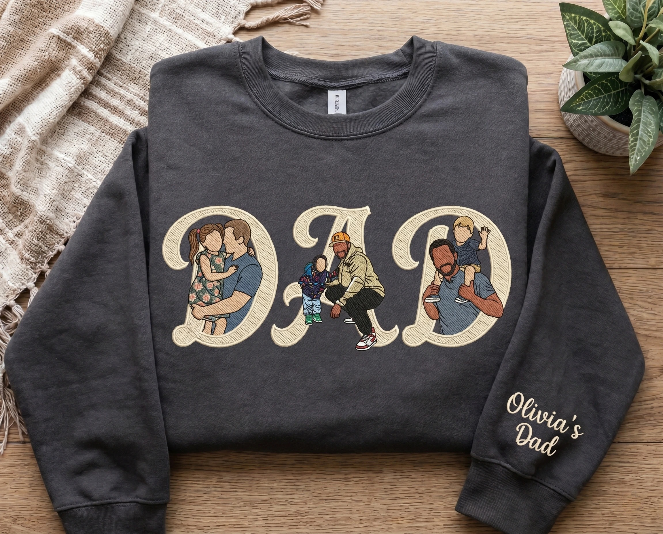 Personalized Photo Portrait Chunky Vintage Script Embroidery Sweatshirt T-shirt Father's Day Gift