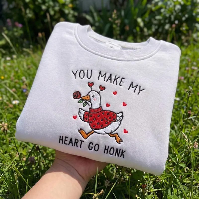 Proudstitch Customized Embroidered Valentine Goose Sweatshirt Valentine's Day Romantic Goose Crewneck