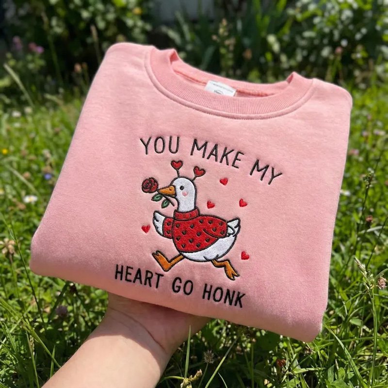 Proudstitch Customized Embroidered Valentine Goose Sweatshirt Valentine's Day Romantic Goose Crewneck