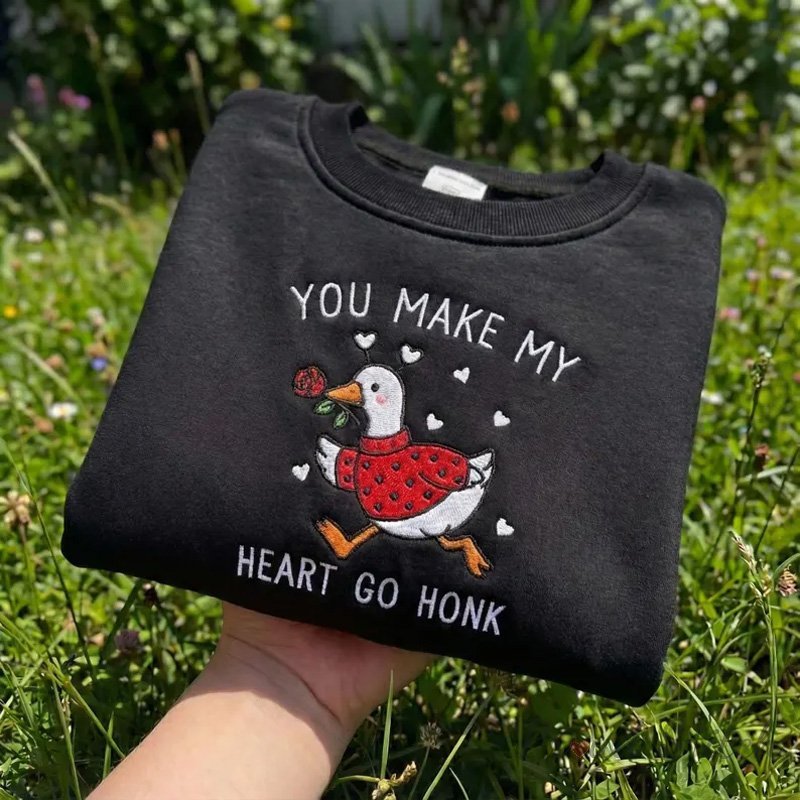 Proudstitch Customized Embroidered Valentine Goose Sweatshirt Valentine's Day Romantic Goose Crewneck