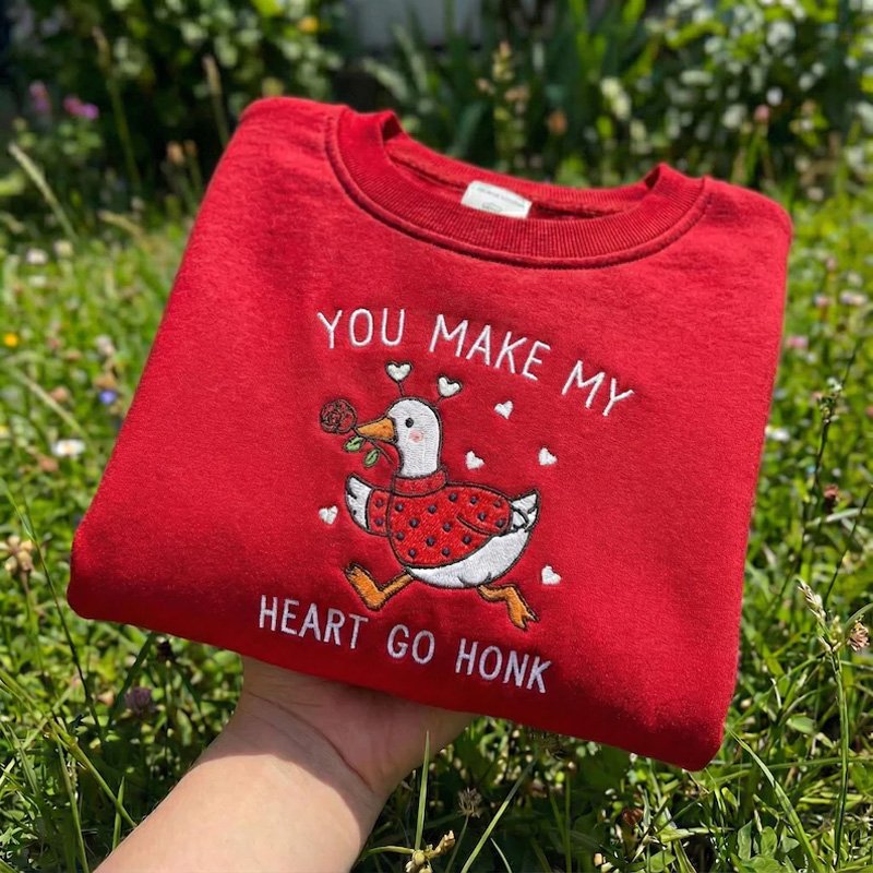 Proudstitch Customized Embroidered Valentine Goose Sweatshirt Valentine's Day Romantic Goose Crewneck