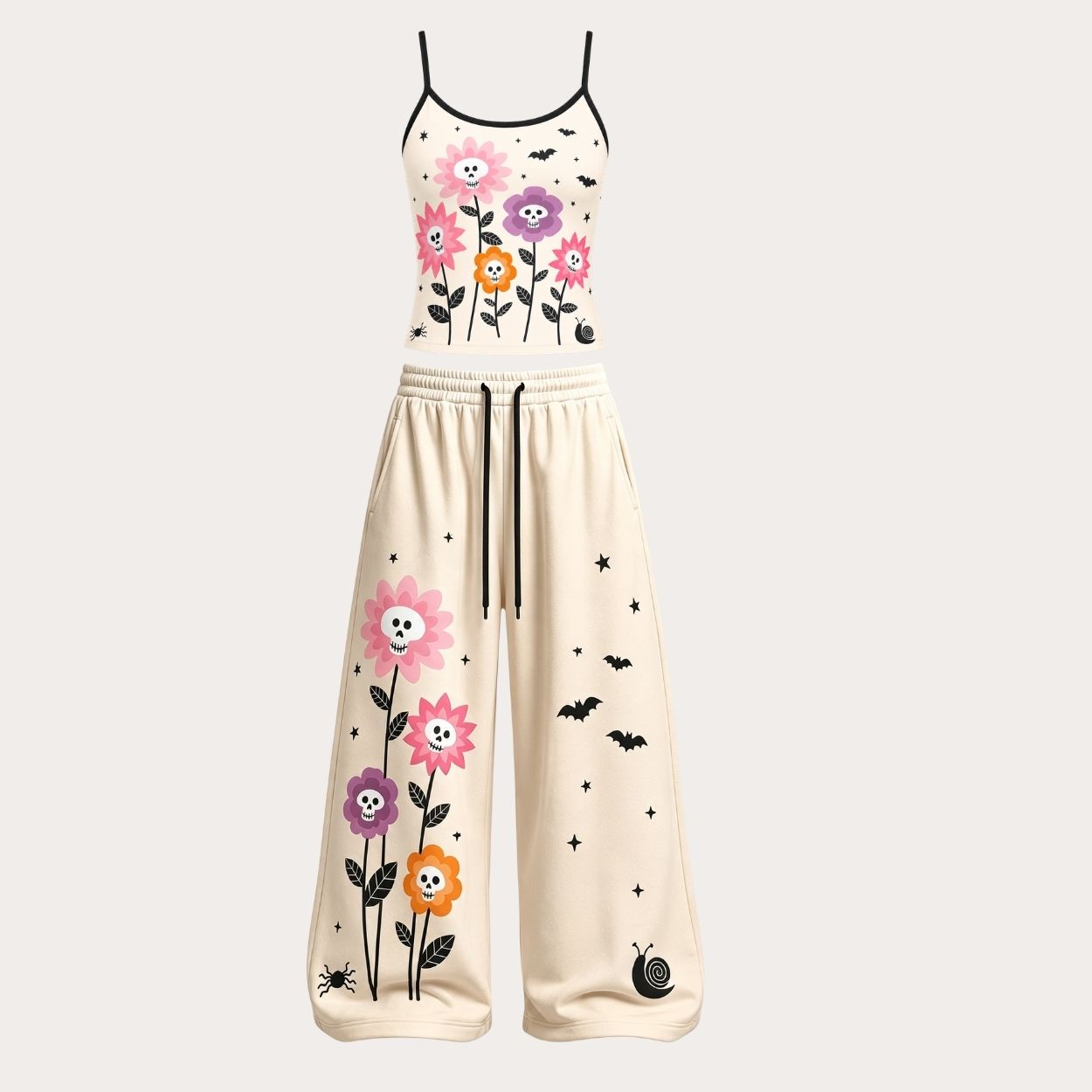 Cute Skull Flower Lounge Top & Elasticated Trousers Two-Piece Set