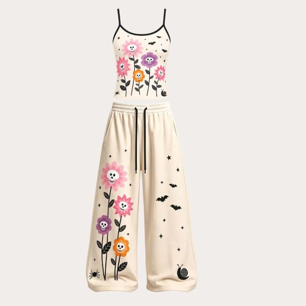 Cute Skull Flower Lounge Top & Elasticated Trousers Two-Piece Set