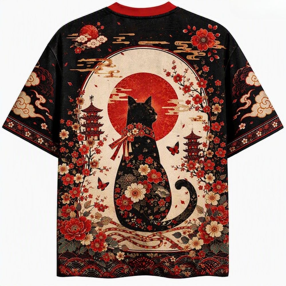 Ukiyo‑e Sakura Black Cat Jersey Shirts