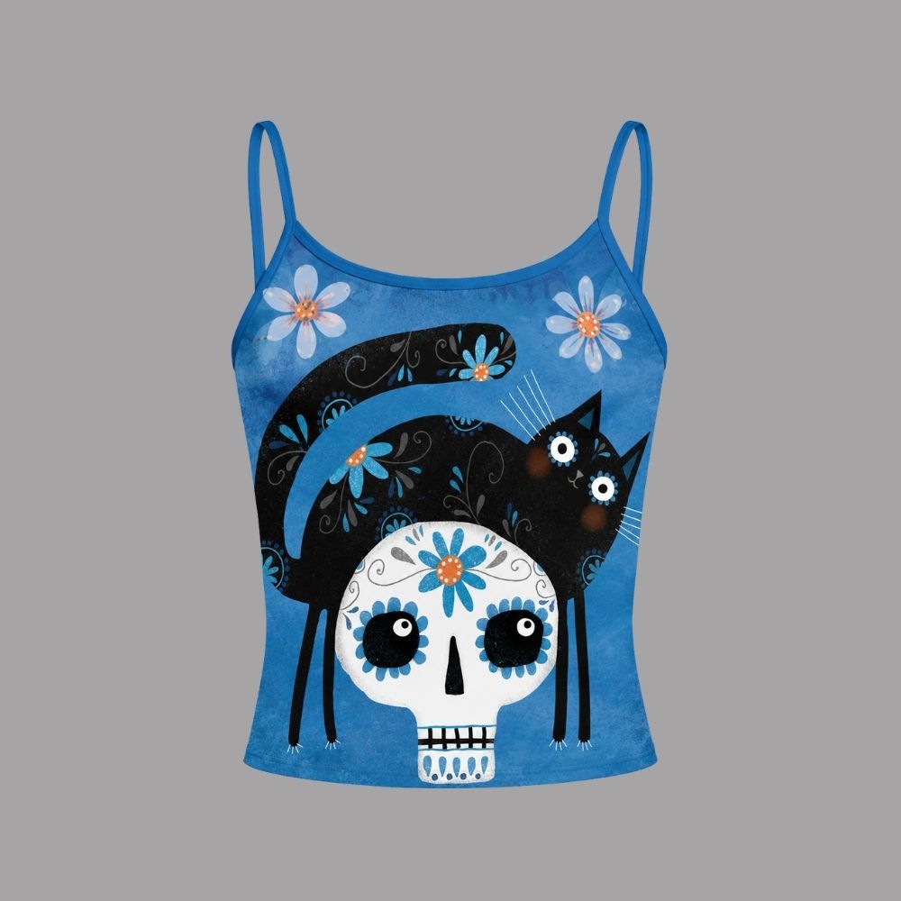 Blue Black Cat Sugar Skull Florals Top & Elasticated Trousers Two-Piece Set