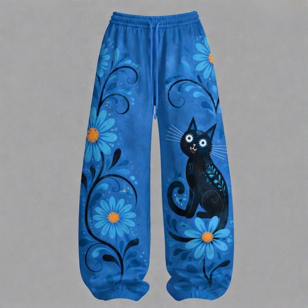Blue Black Cat Sugar Skull Florals Top & Elasticated Trousers Two-Piece Set