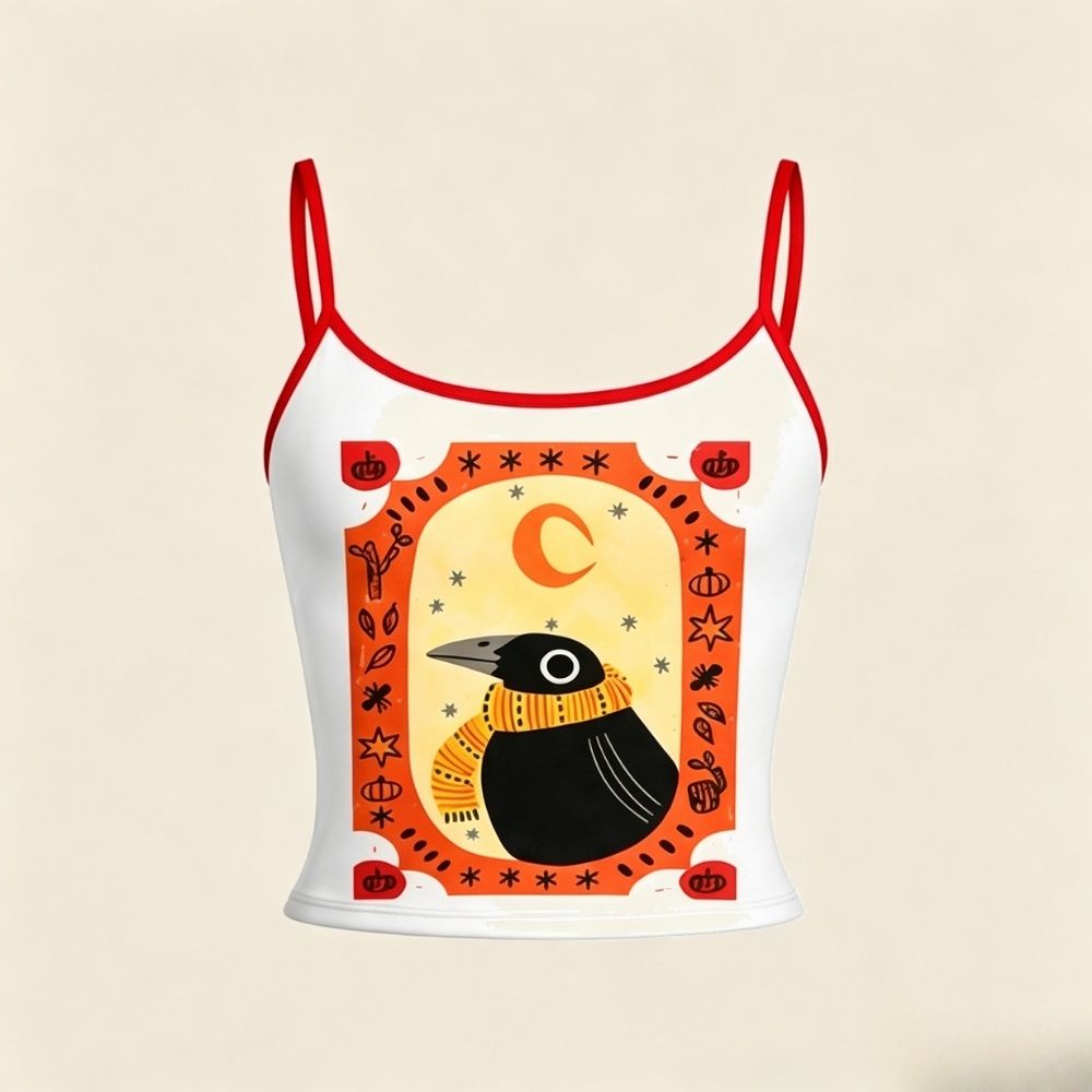 Red White Astrology Black Bird Moon Pumpkin Top & Elasticated Trousers Two-Piece Set