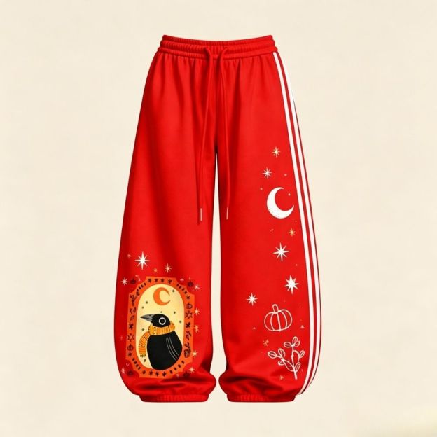 Red White Astrology Black Bird Moon Pumpkin Top & Elasticated Trousers Two-Piece Set