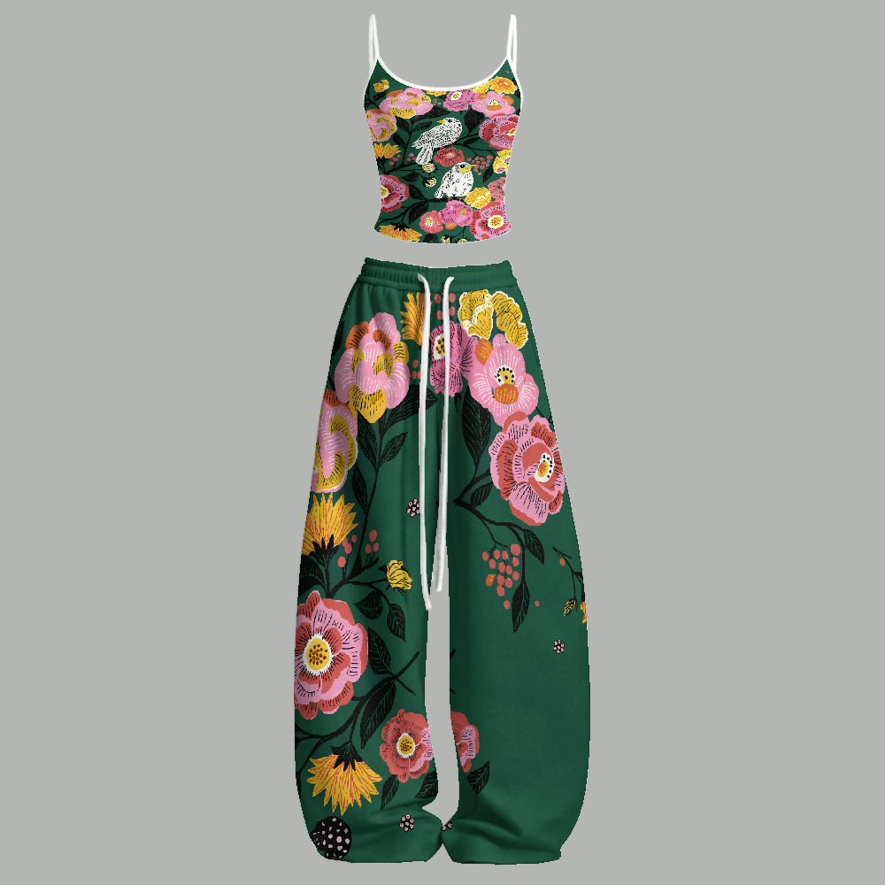 Boho Emerald Green Floral Bird Print Top & Elasticated Trousers Two-Piece Set