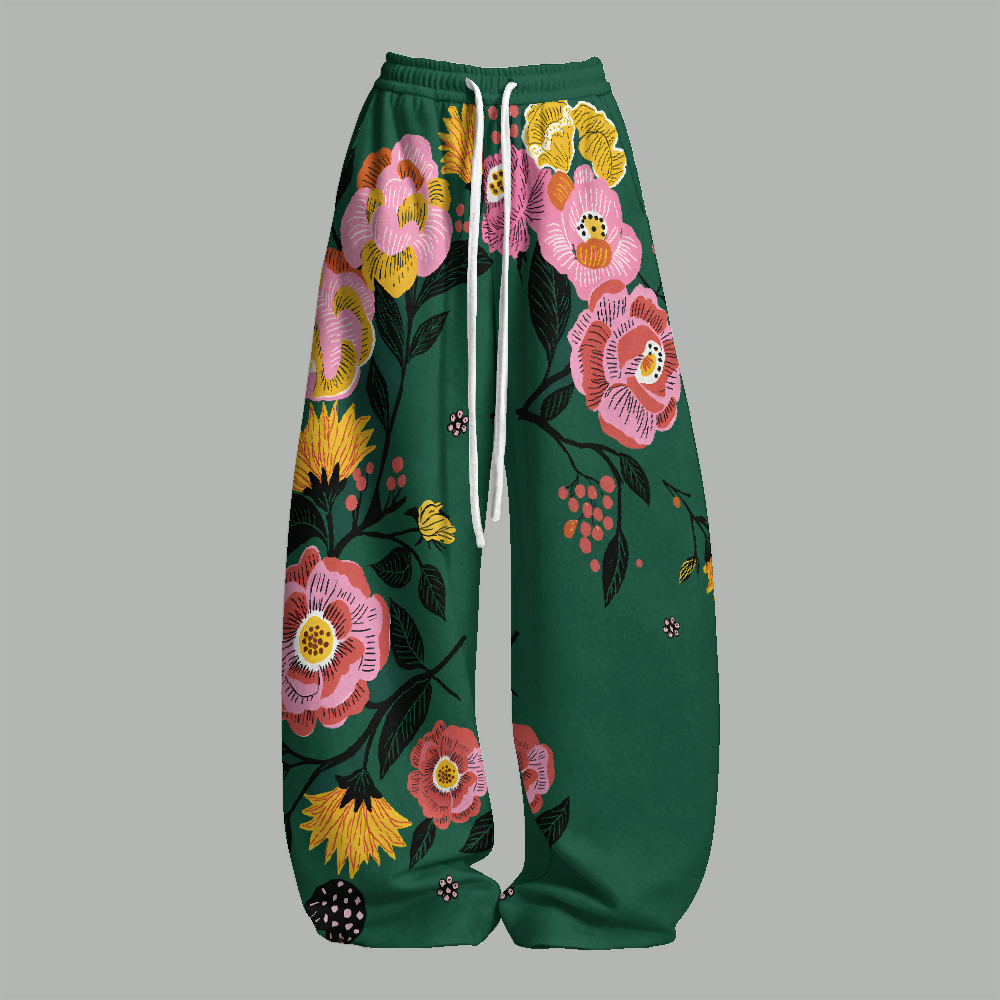 Boho Emerald Green Floral Bird Print Top & Elasticated Trousers Two-Piece Set