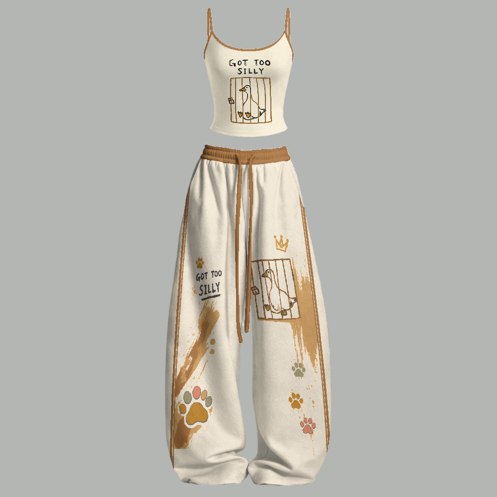 Cute Got Too Silly Duck Print Top & Elasticated Trousers Two-Piece Set