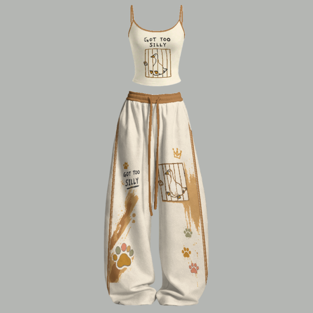 Cute Got Too Silly Duck Print Top & Elasticated Trousers Two-Piece Set
