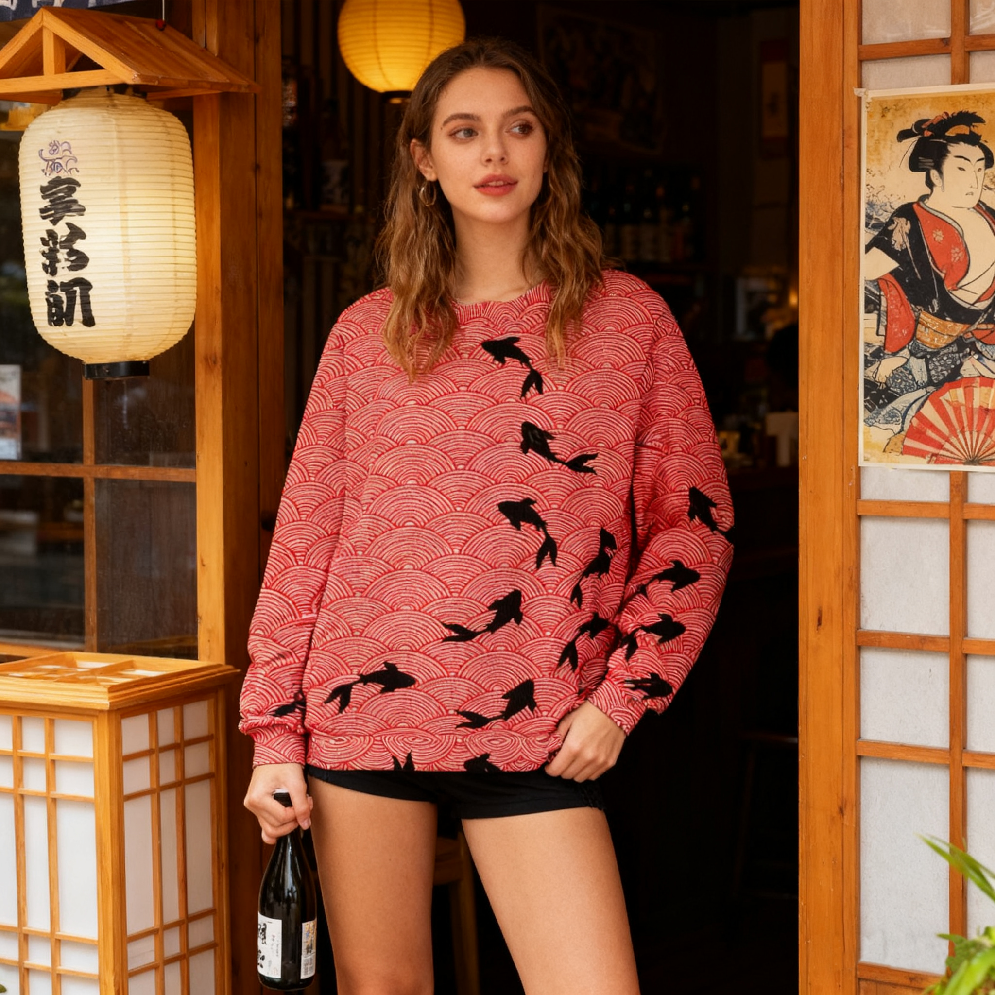 Japanese Vintage Wave Koi Printed Casual Crew Neck Sweater