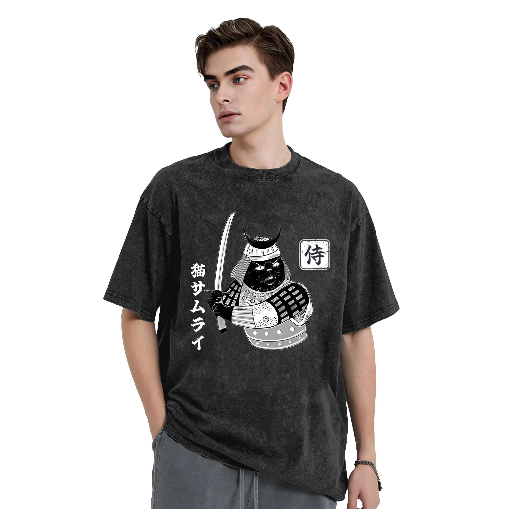 Cat Samurai With Sword Washed T-Shirt