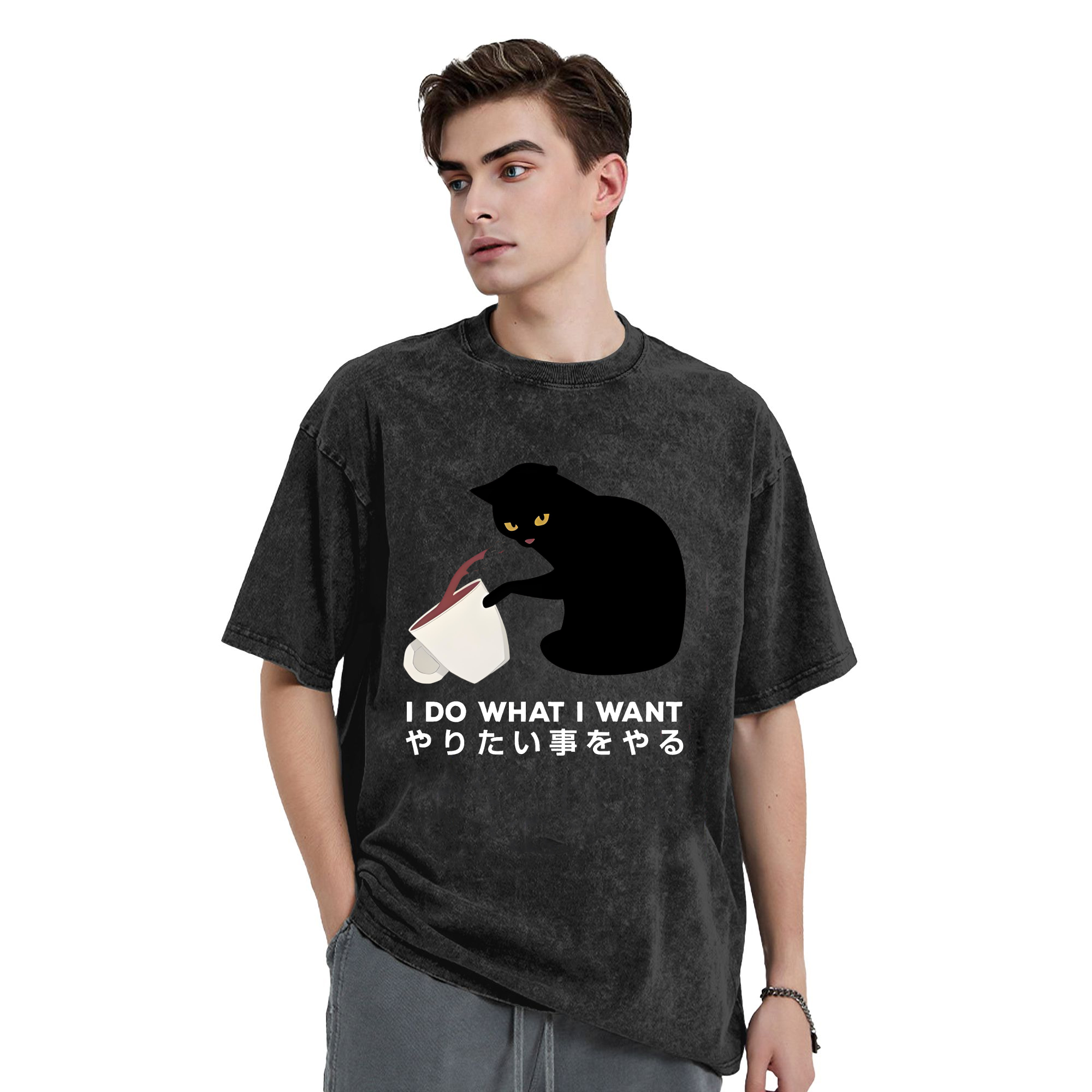  Tsundere Cat Funny Washed T-Shirt