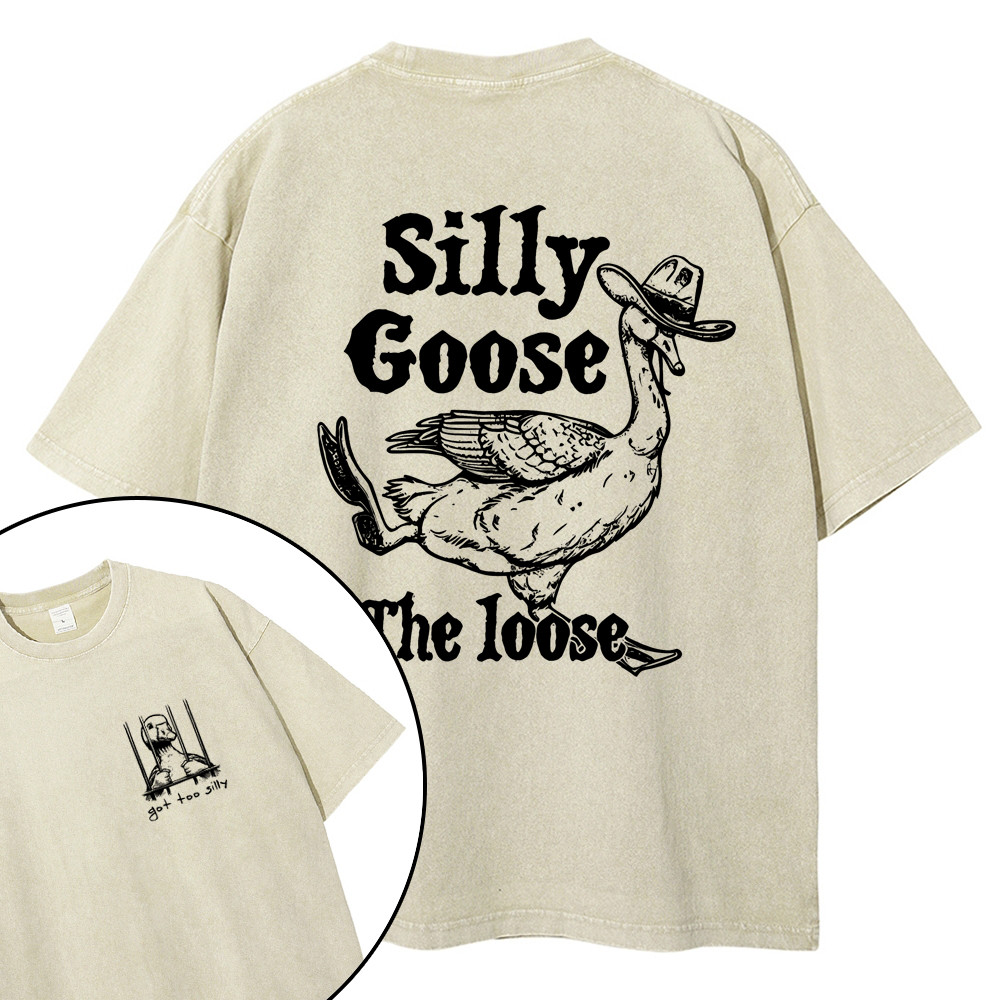 Unisex Vintage Silly Goose Printed  Design Back Washed Tee