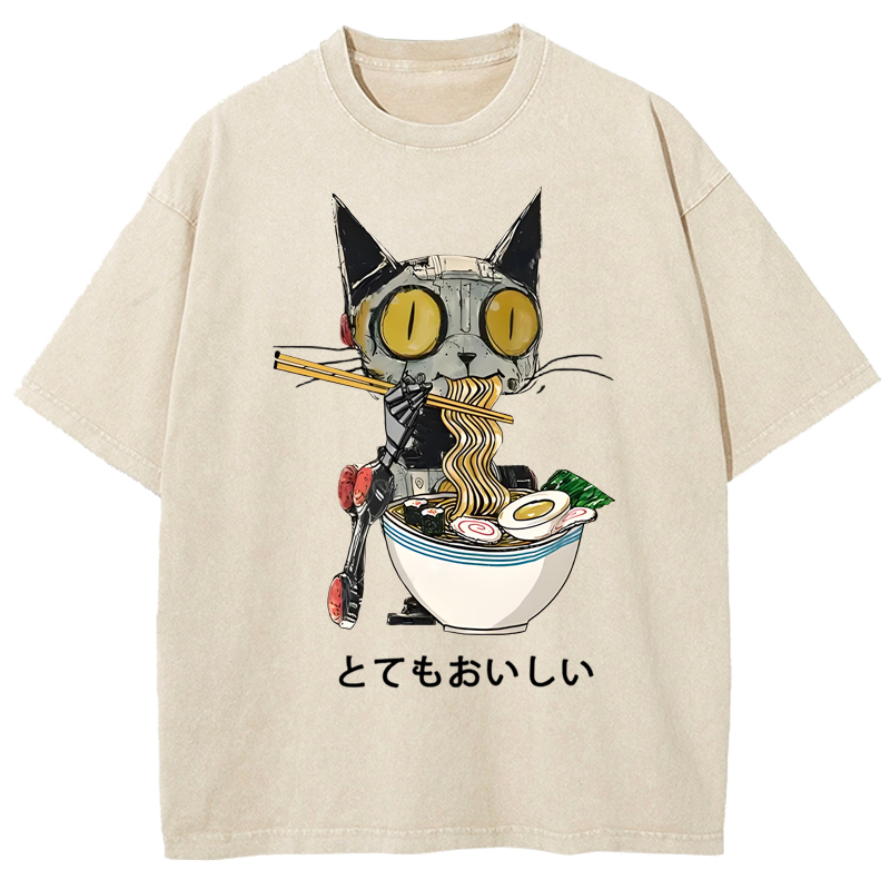 Ramen Lover Robot Cat Washed T-Shirt