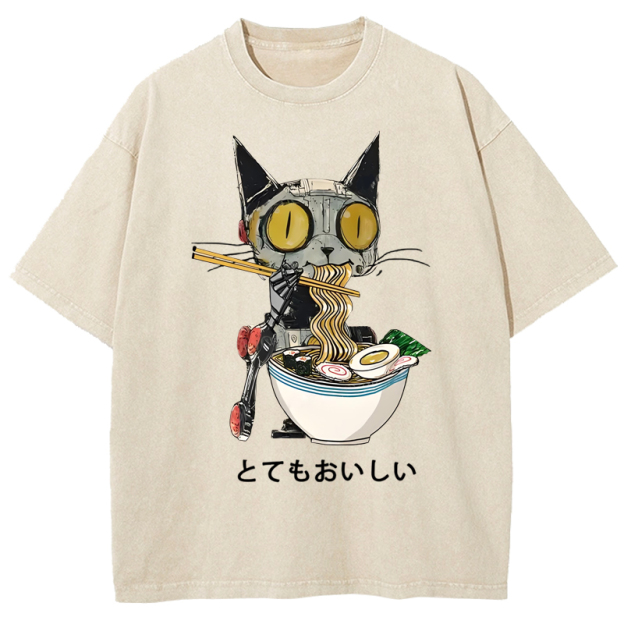  Ramen Lover Robot Cat Washed T-Shirt