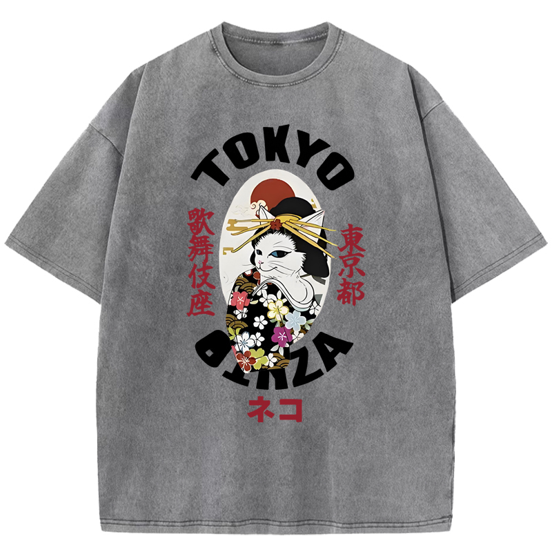 Geisha Cat Japan Washed T-Shirt