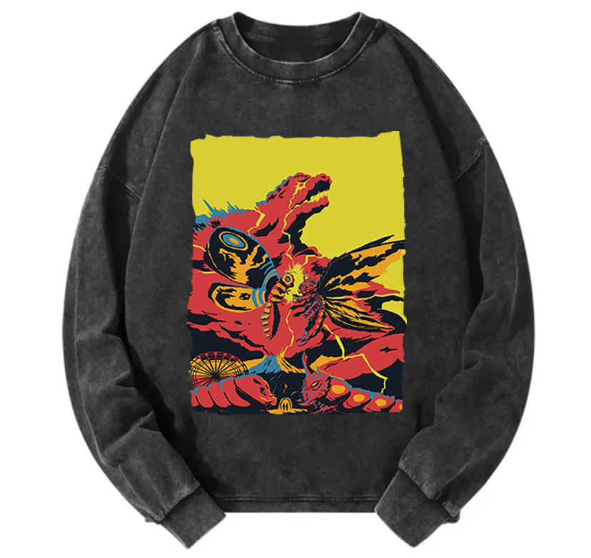 Unisex Casual Washed Godzilla Mothra Printed Long Sleeve T-shirt