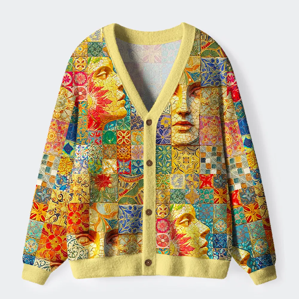 Unisex Mosaic Masterpiece: Faces And Patterns Ugly Cardigan Sweater