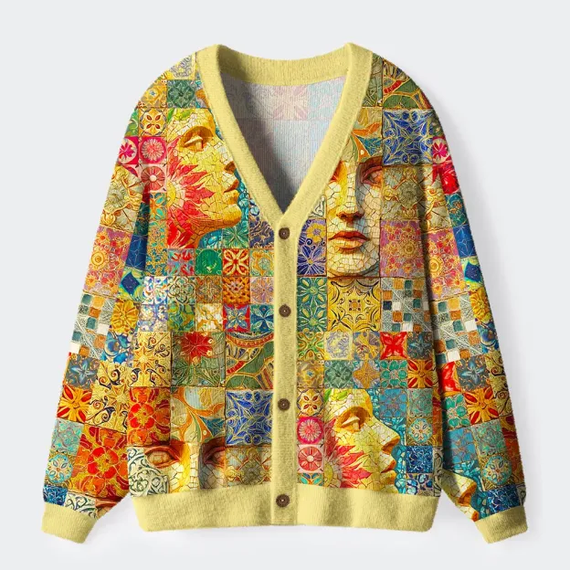 Unisex Mosaic Masterpiece: Faces And Patterns Ugly Cardigan Sweater
