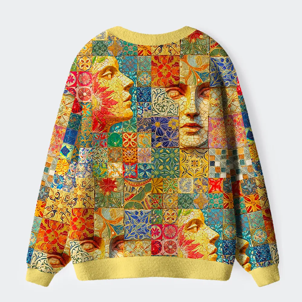 Unisex Mosaic Masterpiece: Faces And Patterns Ugly Cardigan Sweater