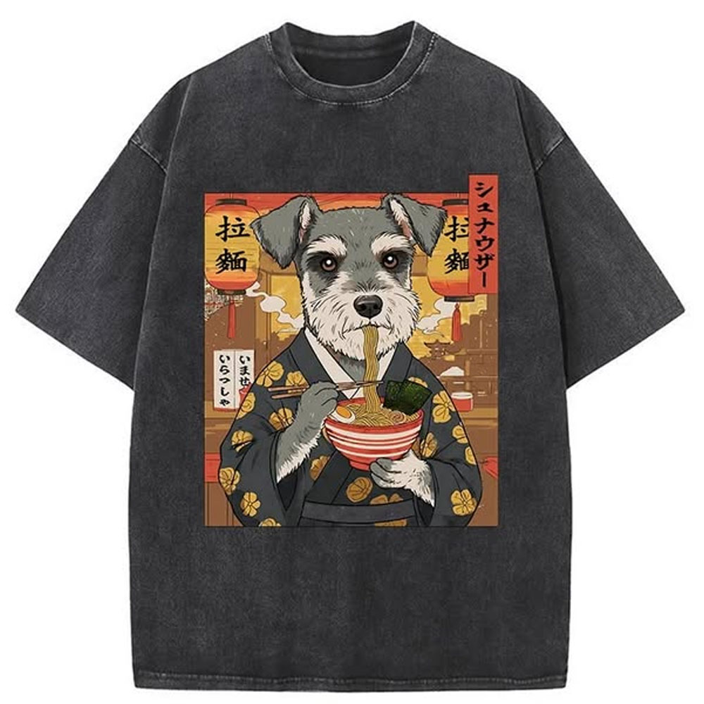 Schnauzer Eating Ramen Washed T-Shirt