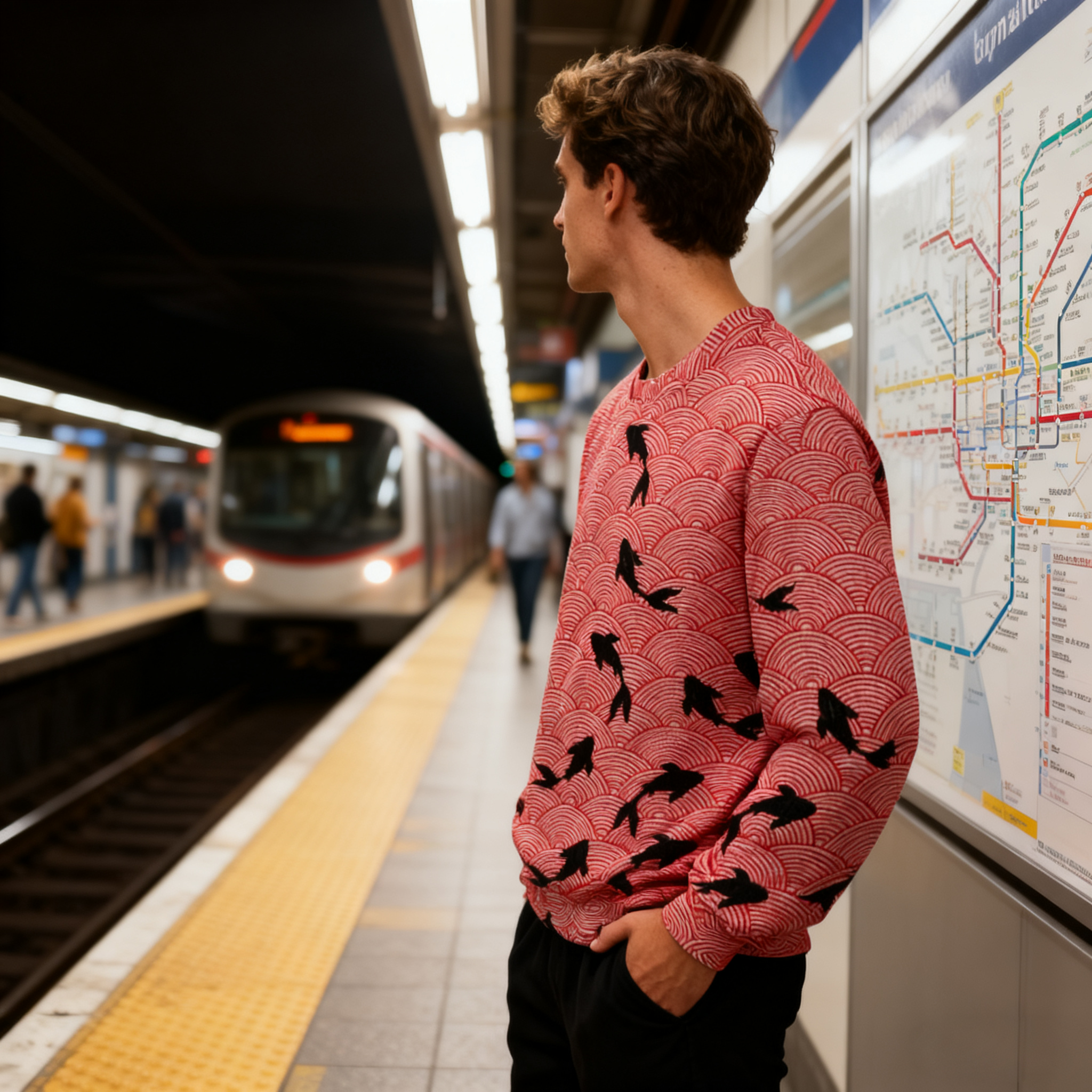 Japanese Vintage Wave Koi Printed Casual Crew Neck Sweater