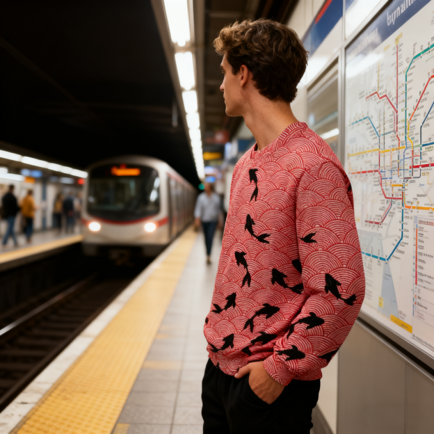 Japanese Vintage Wave Koi Printed Casual Crew Neck Sweater