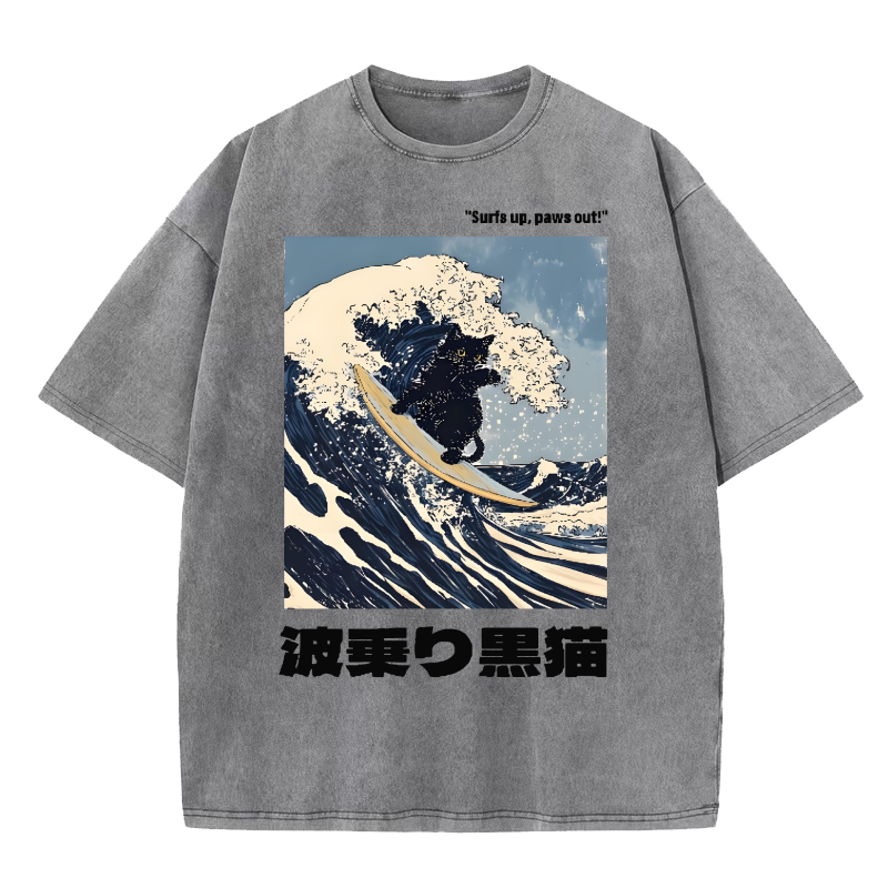 Black Cat Great Wave Vintage Wash Japanese Design T-Shirt