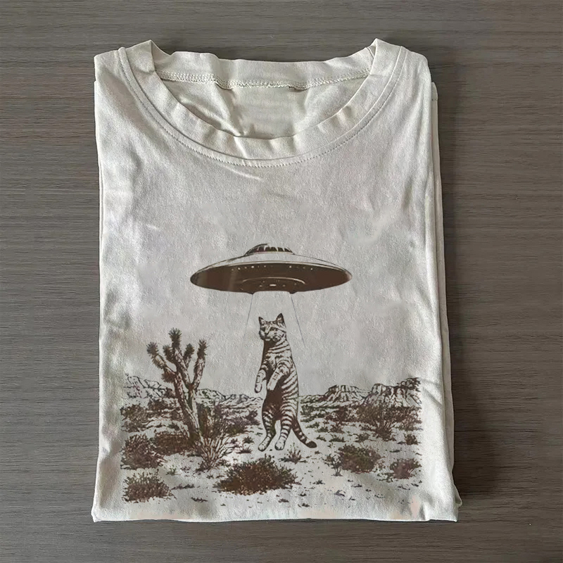 Unisex Classic Cotton UFO Cat Western Printed T-shirt
