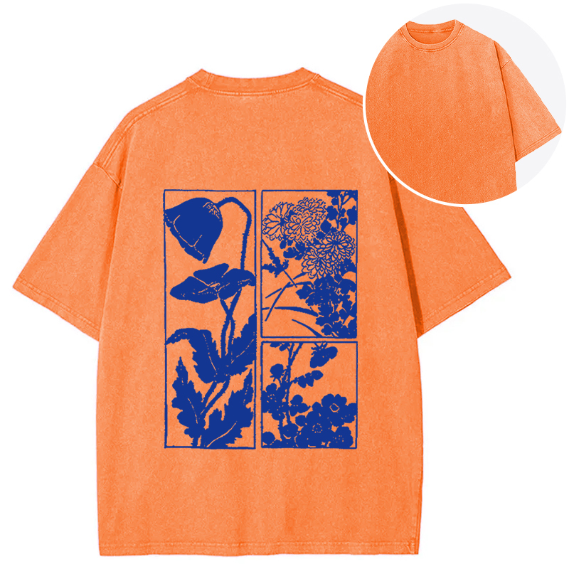 Woodcut Flowers Back Washed T-Shirt