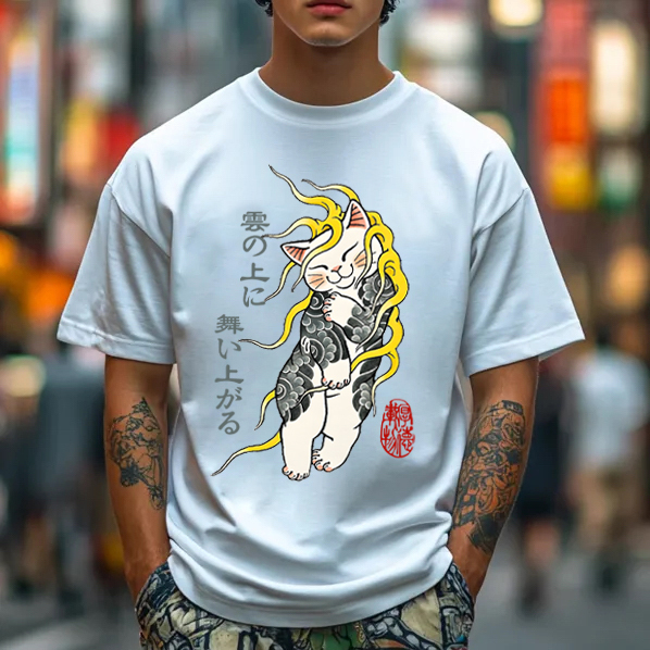 Japanese Cat In Cloud Men's Classic Cotton T-Shirt