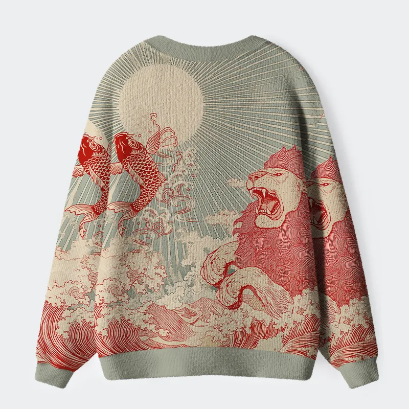 Fishneo Waves Of Lion And Koi Ugly Cardigan Sweater