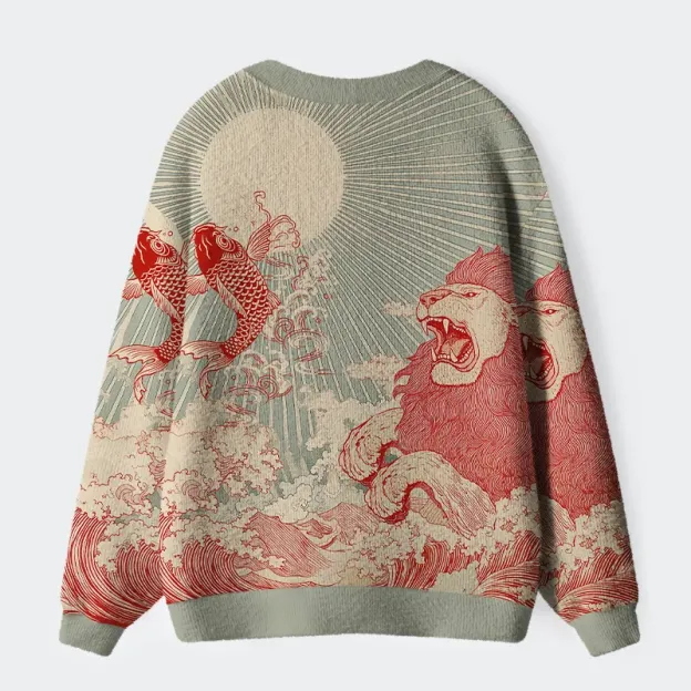 Fishneo Waves Of Lion And Koi Ugly Cardigan Sweater