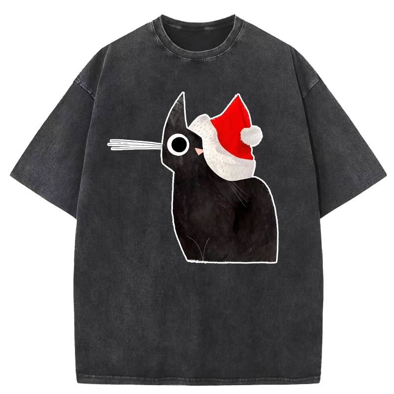 Black Cat and Santa Hat Washed T-Shirt