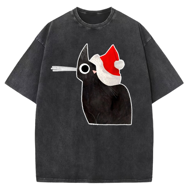  Black Cat and Santa Hat Washed T-Shirt